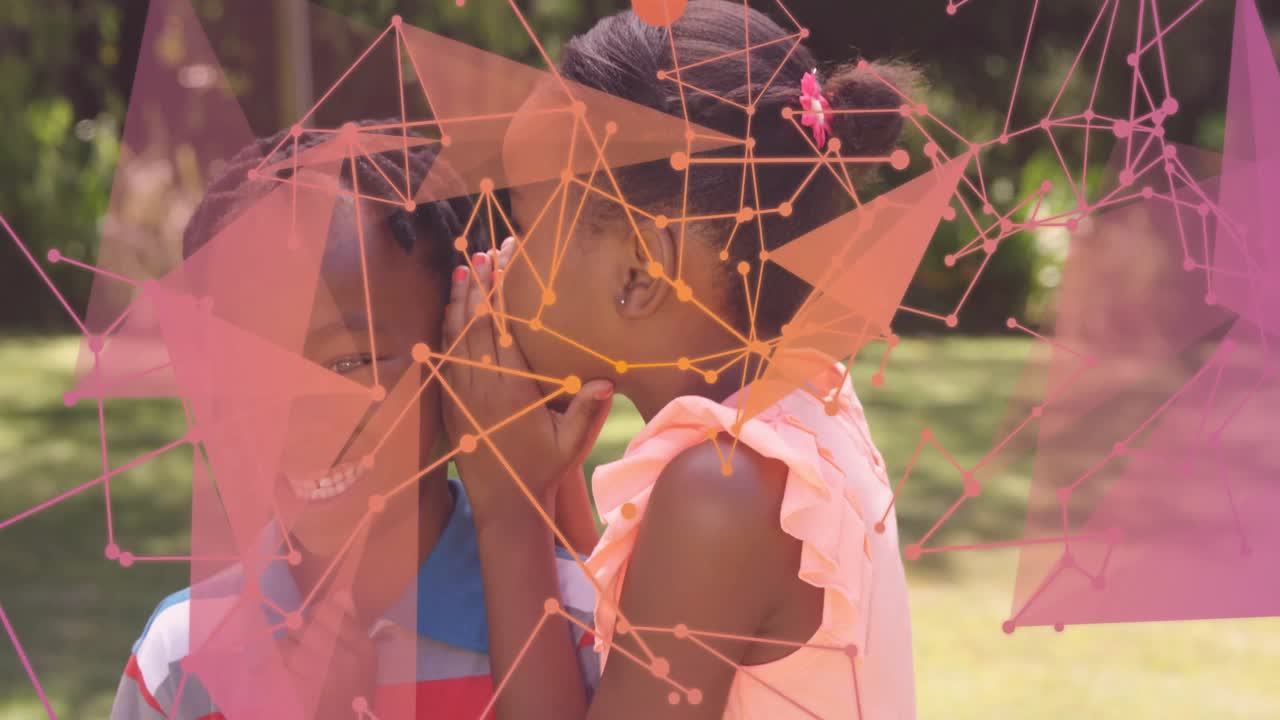 Siblings sharing secret in sunny grassy field, initiating tech network overlay evolving