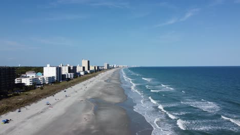 North-Myrtle-Beach,-SC,-South-Carolina,-Aerial-flight-down-beachfront