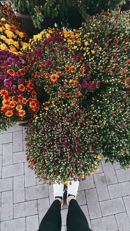 person standing in front of a display of fall flowers