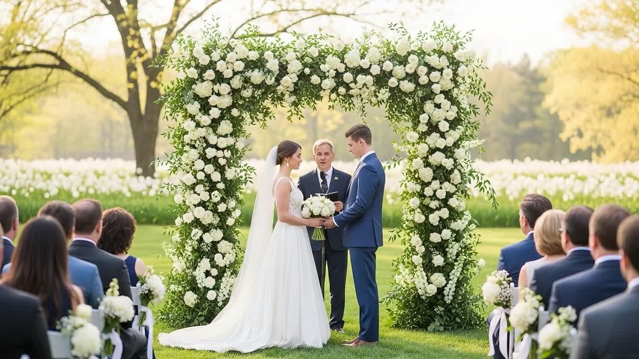 Una bellissima cerimonia di matrimonio all'aperto tra lussureggianti composizioni floreali e momenti preziosi di amore e impegno sotto un cielo primaverile luminoso.