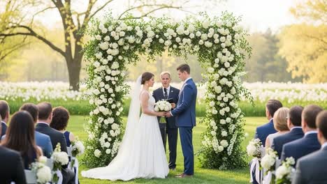 A Beautiful Outdoor Wedding Ceremony Amidst Lush Floral Arrangements and Cherished Moments of Love and Commitment Under a Bright Spring Sky