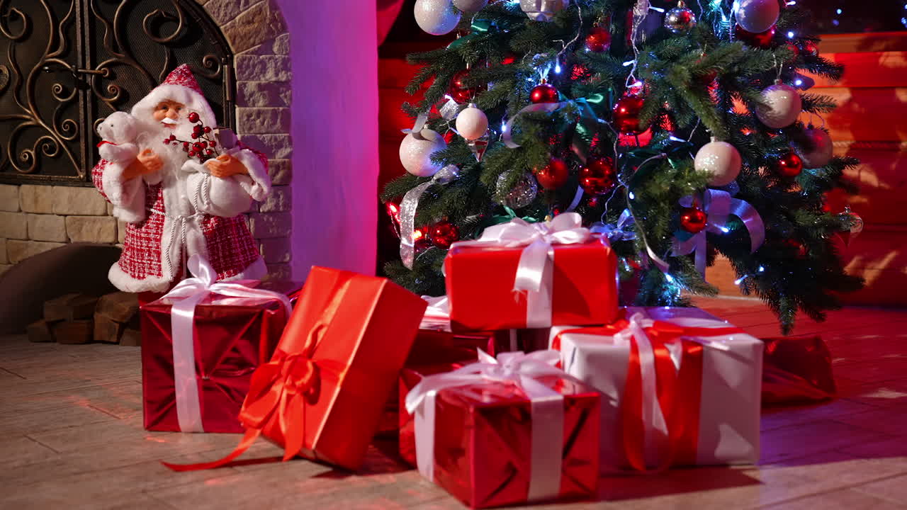 Many presents under Christmas tree. Beautiful Santa Claus toy near Christmas tree with gifts in the room. New Year eve.