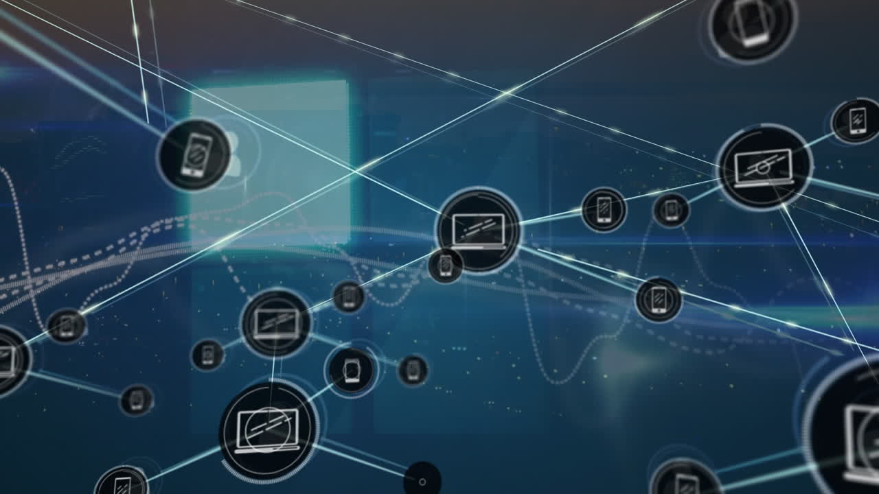 animación del procesamiento de datos e iconos sobre fondo azul