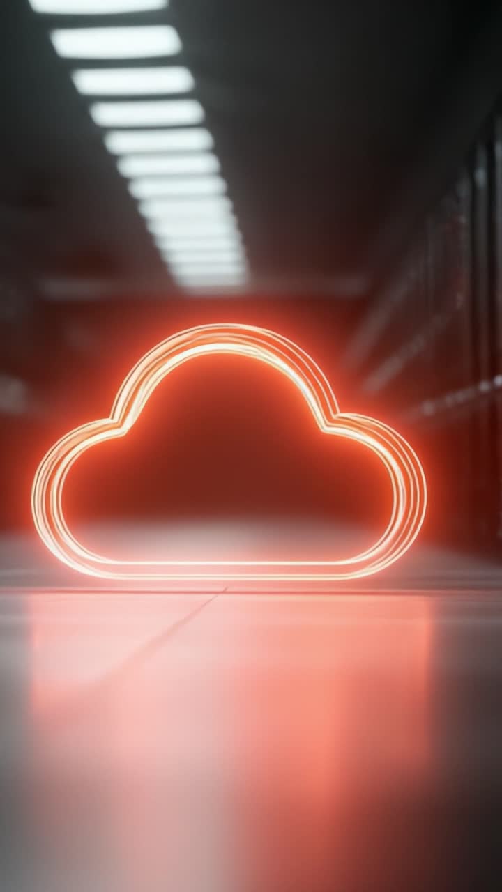Glødende skyikon oplyst i en dæmpet korridor, der symboliserer digital forbindelse og cloud-teknologi med en futuristisk æstetik.