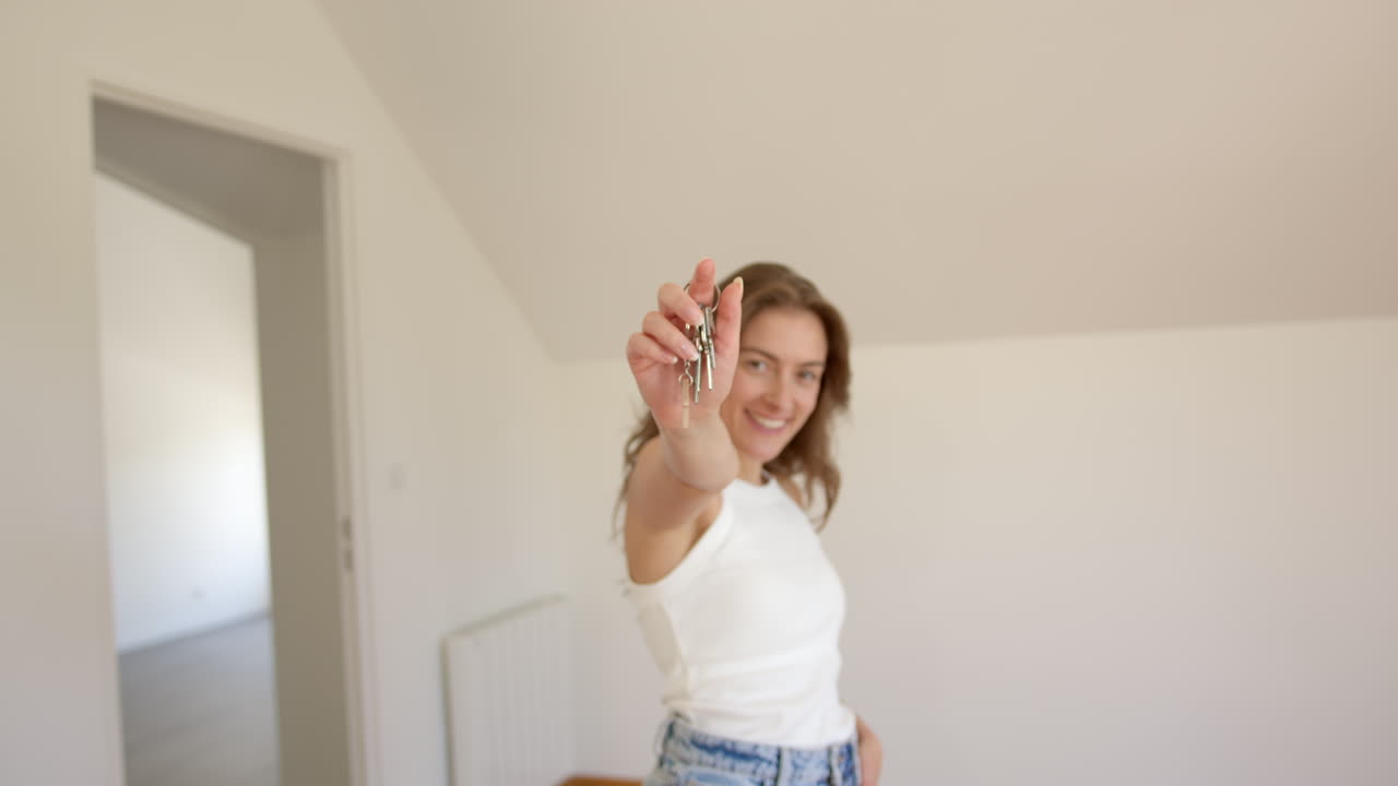 Happy fit brunette enjoys new apartment and looks around and shows keys