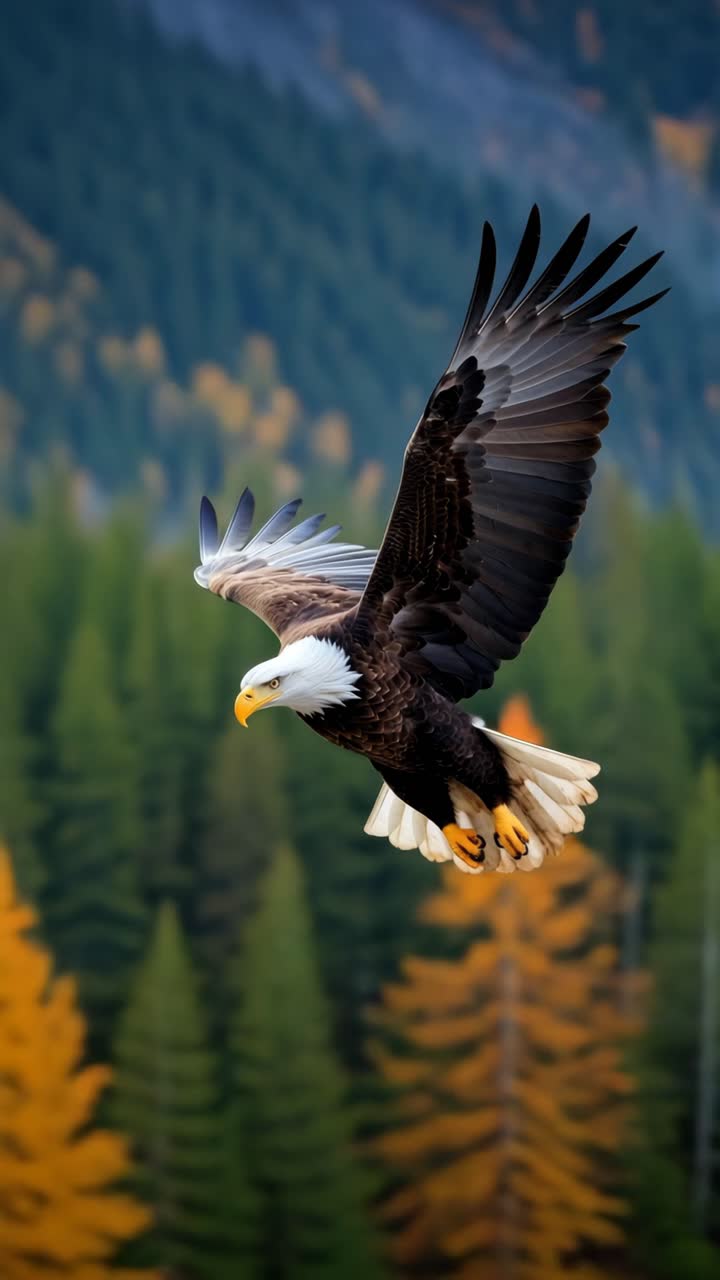 Majestic eagle in flight, captured mid-air with a downward camera angle, showcasing vibrant autumn