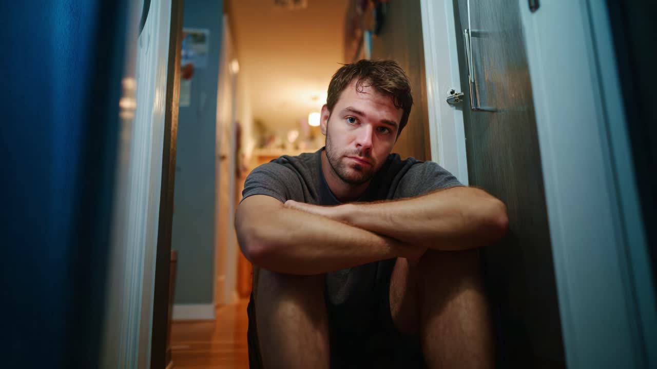 Contemplative Moment: A Young Man Sitting in a Hallway, Reflecting on Life's Challenges and Emotions, Captured in a Serene, Introspective Setting