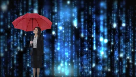 Geschäftsfrau-Mit-Ihrem-Regenschirm-Unter-Binären-Codes
