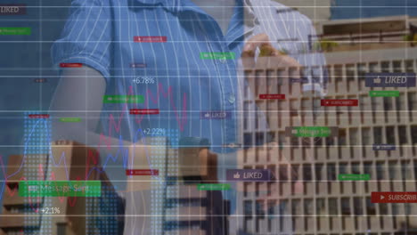 analyzing financial graphs, businesswoman in office with animation of notifications overlay