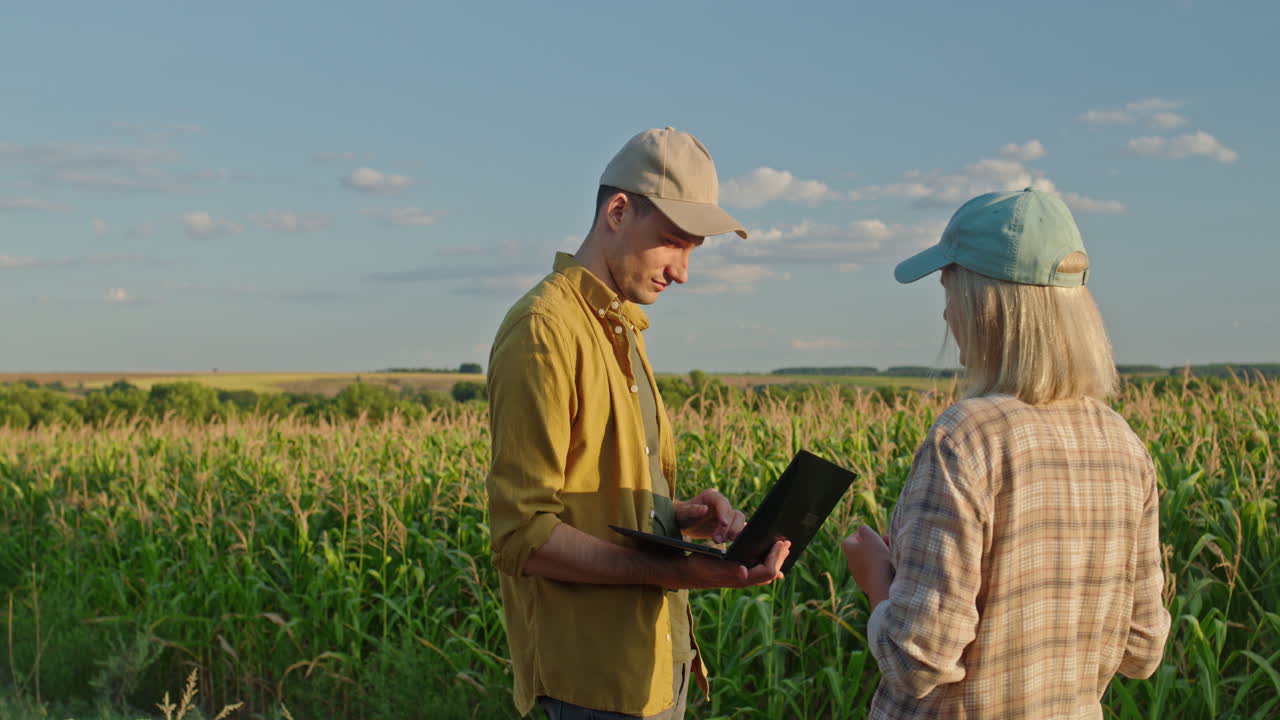 Farmers discussing corn field data using a laptop