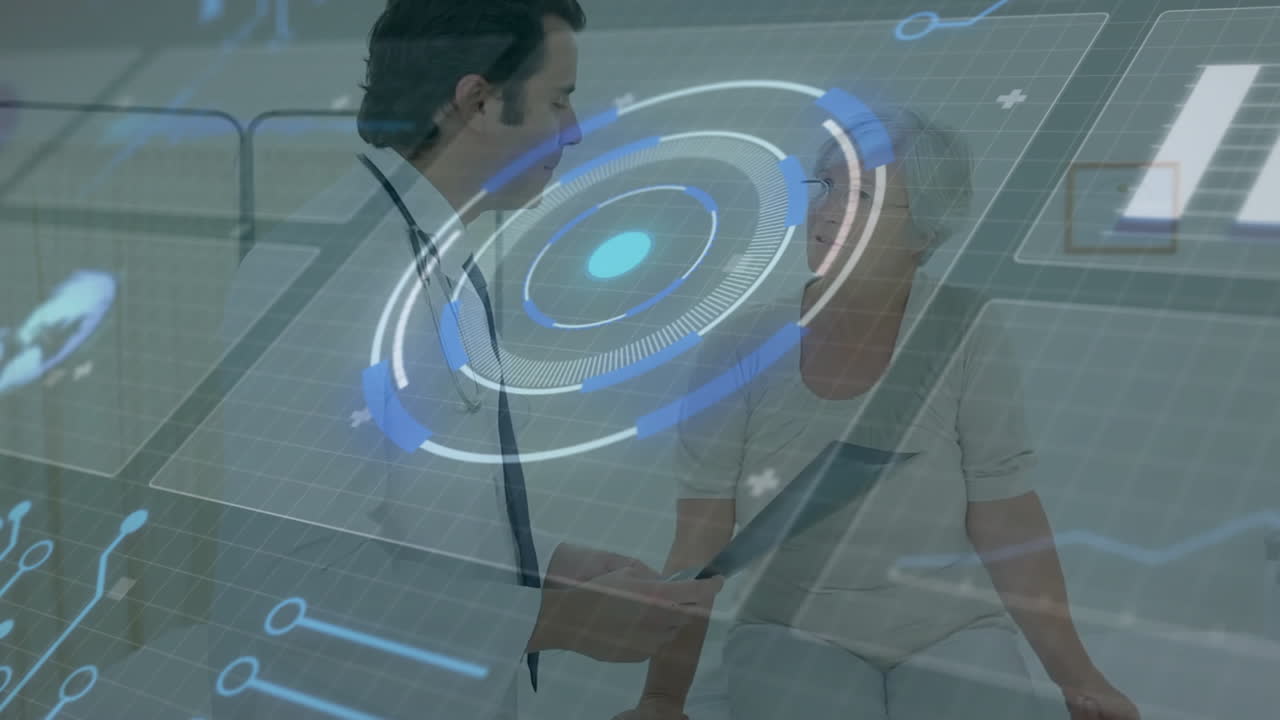 Doctor reviewing patient data in medical consultation, projecting holographic data chart interface