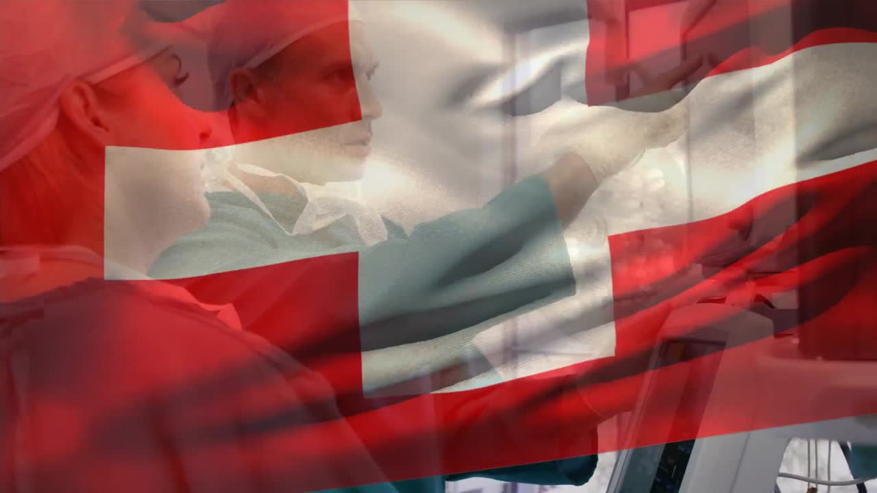 스위스 발의 애니메이션, 다양한 남성 외과 의사가 여성 외과 의사에게 기계를 설명합니다.