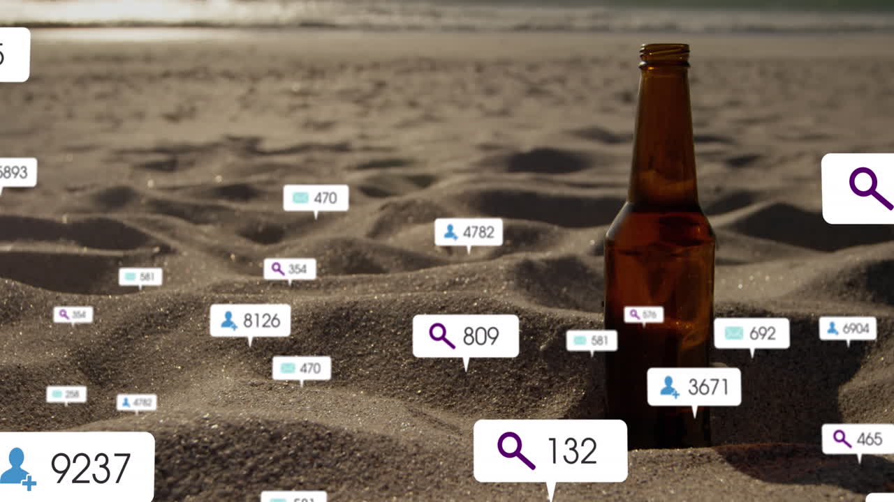 Animation of icons, changing numbers in notification bars, alcohol bottle on sand at beach