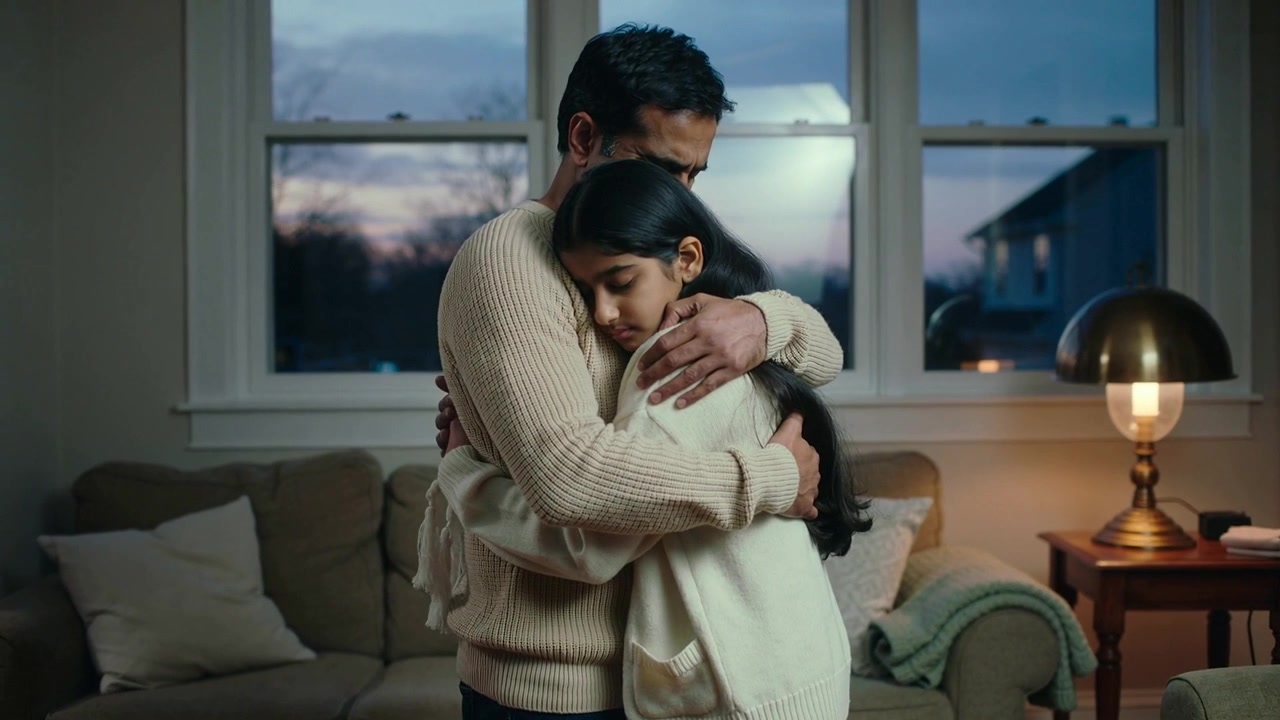 Placing hand concerned father guiding daughter into comforting hug in living room, lamp glow