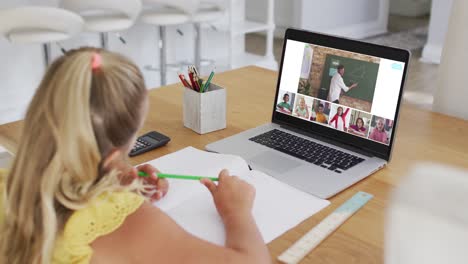 Schoolgirl using laptop for online lesson at home, with diverse teacher and class on screen