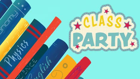 animation of class party text on blue background