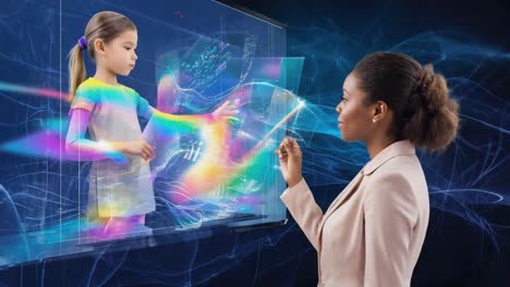 woman interacting with a holographic projection of a child