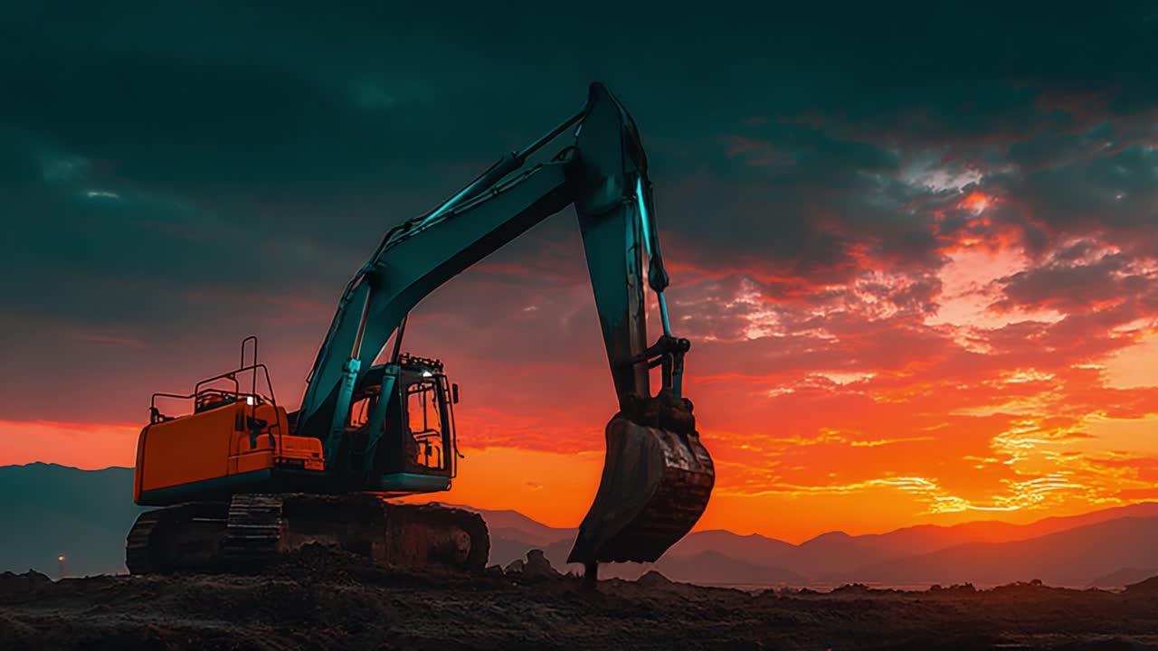 A Majestic Excavator at Sunrise: An Impressively Powerful Machine Against the Backdrop of a Colorful Sky, Showcasing the Beauty of Construction Equipment in Nature