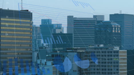 animation of statistics and financial data processing over cityscape