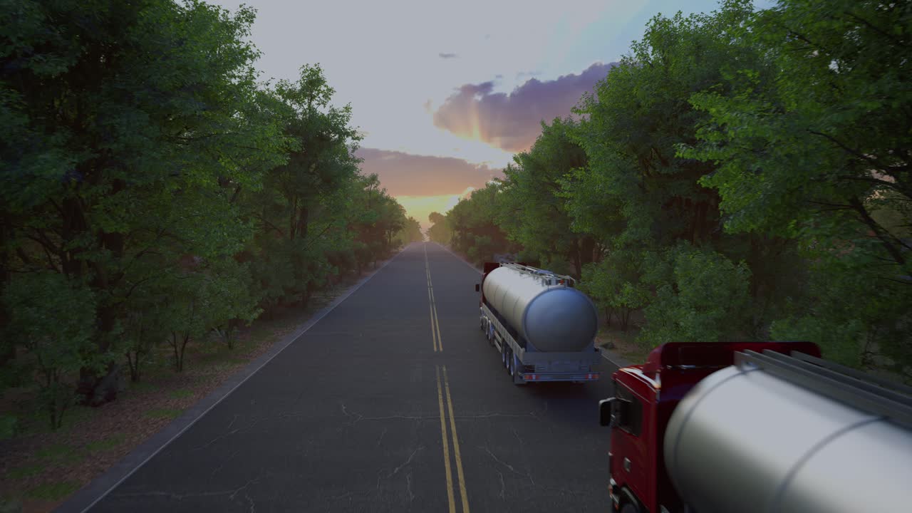 Two Gasoline Tanker Semi Truck On Asphalt Road. Silver Fuel Semi Truck Fast Driving On Straight Freeway In Countryside Dense Forest