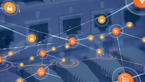 Animation-of-icons-connected-with-lines-over-wire-connected-to-back-panel-of-modem