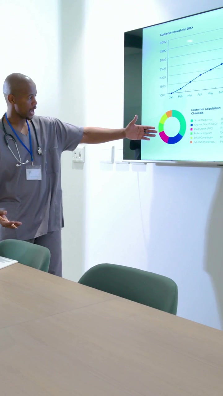 Vertical video: Entering doc in scrubs showing charts to explain trends in clinic, ID, copy space