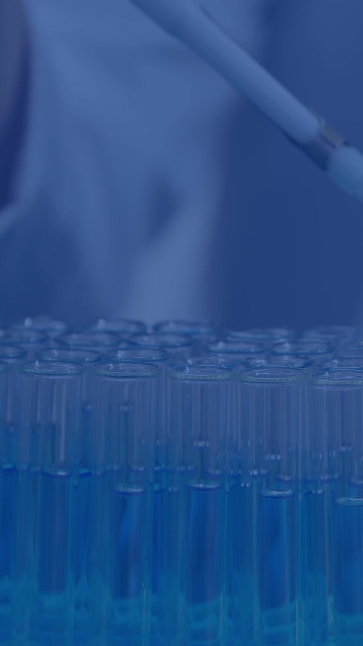 Animation of data processing over scientist with pipette in lab