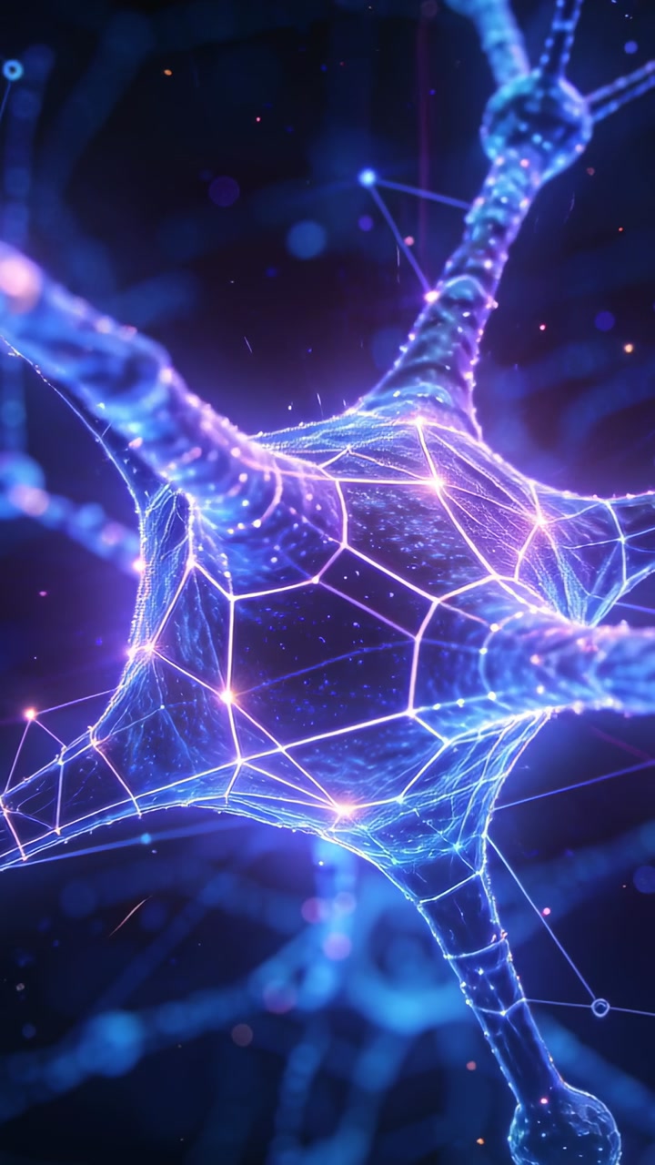 Vertical video: Camera pulling back revealing neuronlike soma pulsing in dark field, showing nodes