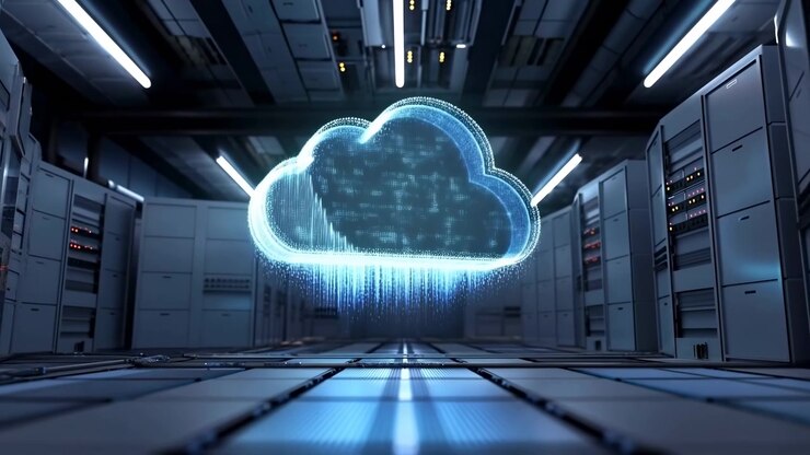 Una nuvola luminosa aleggia su un pavimento sopraelevato mentre una pioggia verticale di particelle cade nel corridoio tra i rack dei server, con illuminazione blu fredda, superfici metalliche, accenti luminosi e una profonda simmetria futuristica