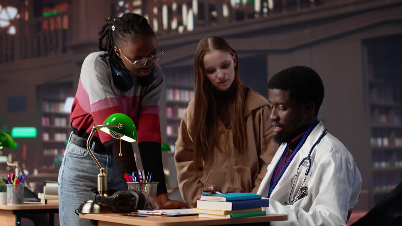 Vertical video diverse group of pupils in a library discuss with a medic resident