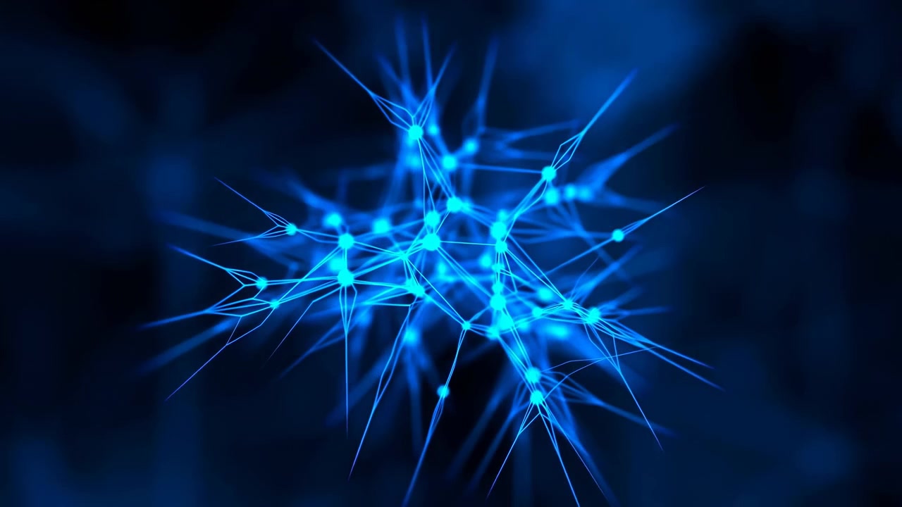 Nodi ciano brillanti e sottili linee di connessione si muovono attraverso mutevoli arrangiamenti geometrici, mentre una morbida foschia blu circonda la forma astratta centrata contro uno spazio quasi nero.