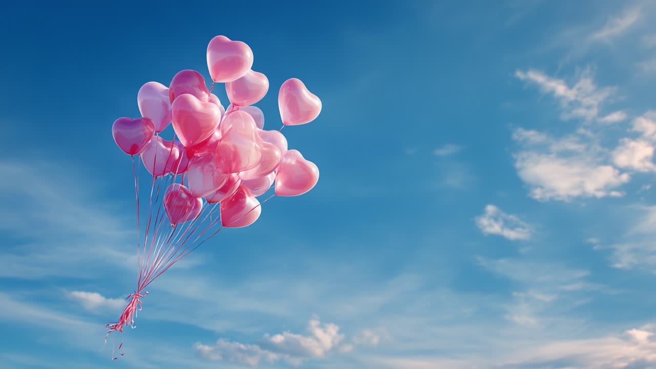 A stunning display of heart-shaped balloons drifting gracefully against a beautiful blue sky, evoking feelings of love, joy, and celebration in a perfect moment of bliss