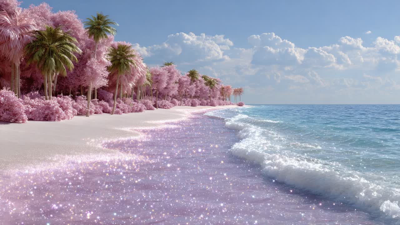 A Dreamy Tropical Paradise with Sparkling Pink Sands and Lush Palms Against a Calm Azure Ocean Under a Beautifully Cloudy Sky