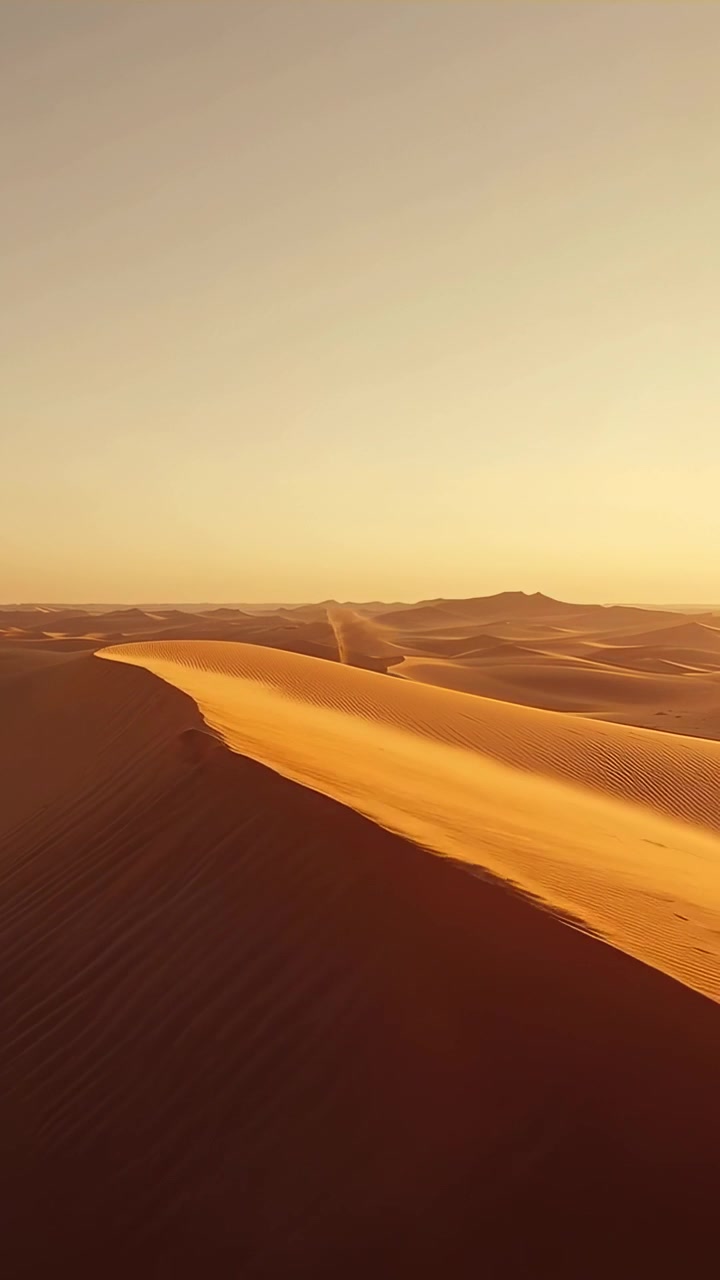 Video verticale: Drone che traccia una cresta calda nel deserto, vento che solleva un pennacchio di sabbia, rivelando rilievi