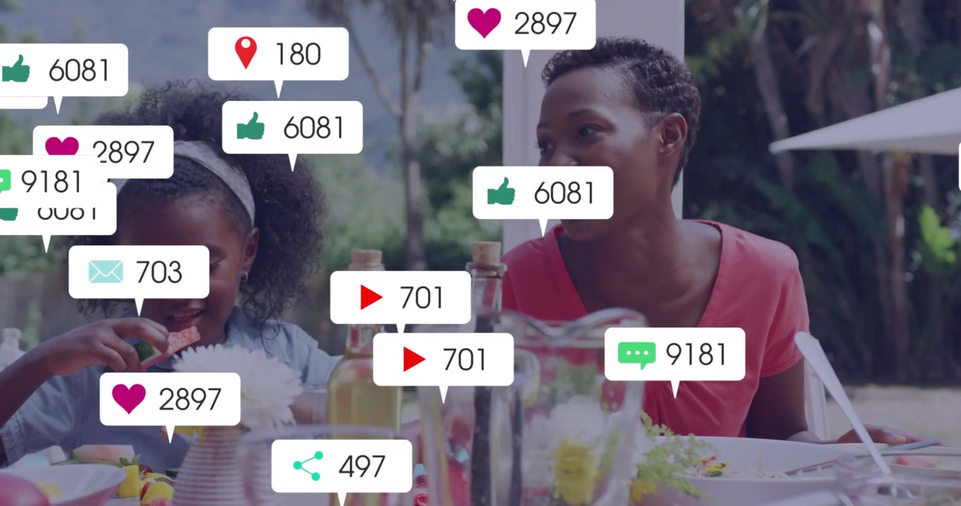 Mom smiling while girl touching flowers, icons rising lower-left, overlaying torsos for marketing