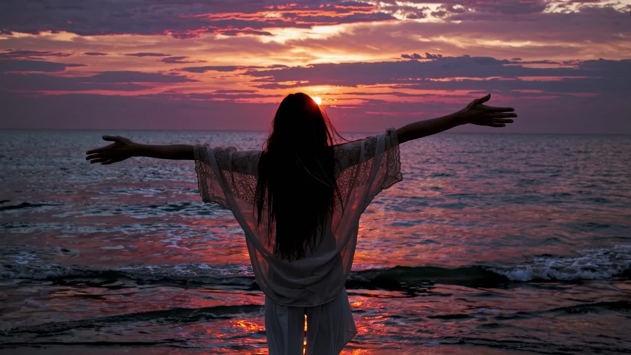 Silhouette of a woman with outstretched arms facing a vibrant sunset over the ocean