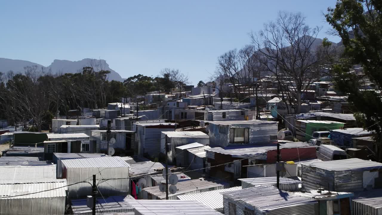 Aerial shot showcasing newly build informal settlement- Township shacks that have just been rebuilt after suffering a massive fire that left most of these homes destroyed in Imizamo Yethu, Hout Bay