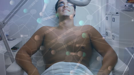 animation of molecules and dna over biracial male patient during beauty treatment