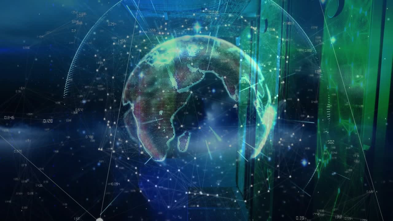 On start digital globe rotating with nodes appearing and network lines growing showing data flow