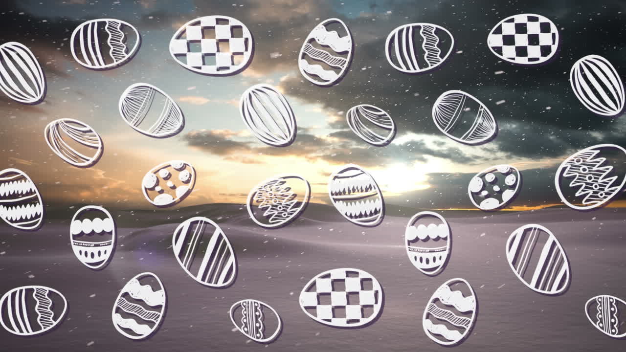 animación de huevos sobre la caída de nieve y el paisaje de invierno