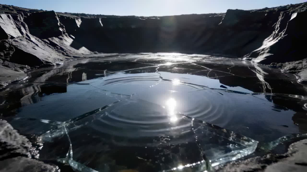 岩のくぼみにある暗い水たまりに広がる最初の波紋が、ひび割れた破片を際立たせている。