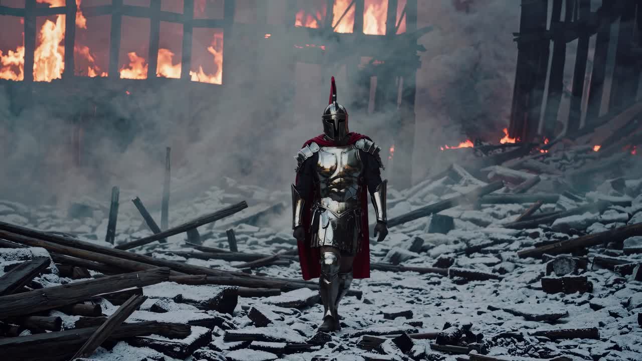 A low-angle video shot of a Roman soldier in armor walking through a burning, ruined cityscape
