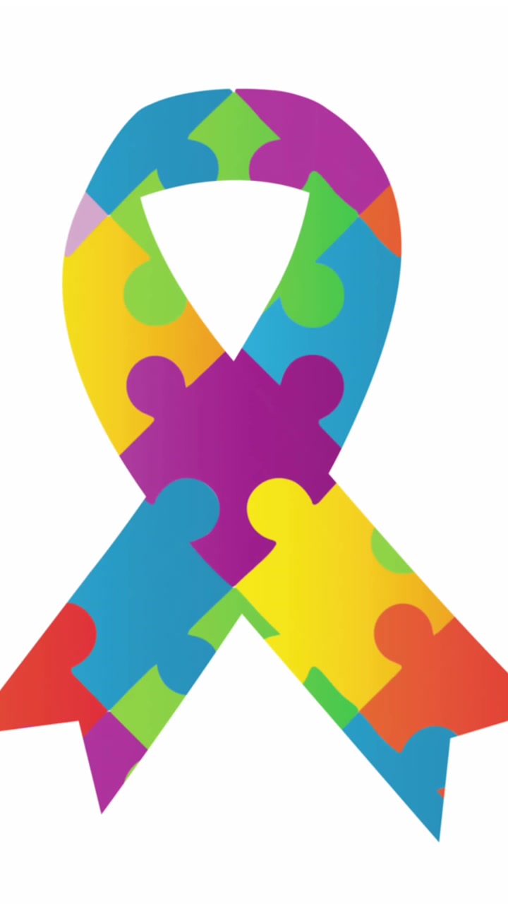 Animazione di pezzi di puzzle e nastro del mese della consapevolezza sull'autismo su sfondo bianco.