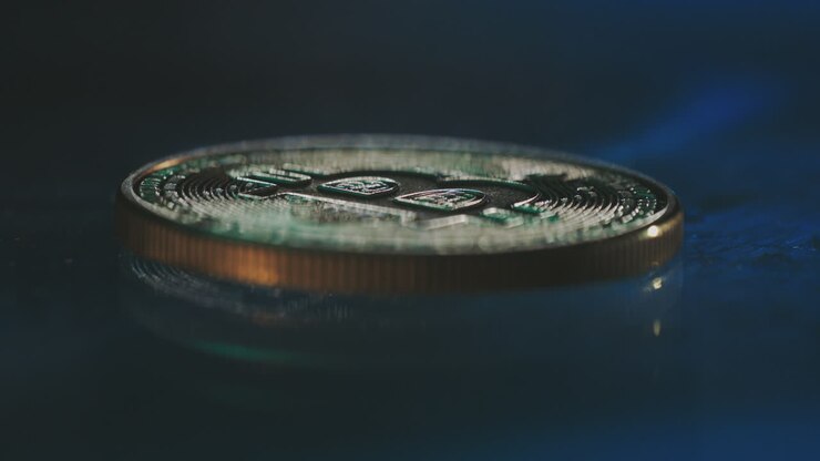 Primo piano di una moneta Bitcoin