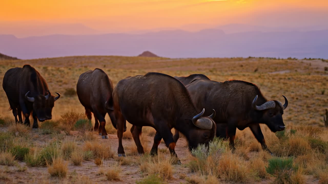 Mandria di bufali africani che pascolano nella savana al tramonto