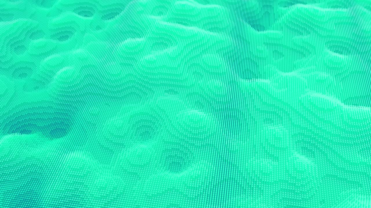 movimiento turquesa abstracto de la textura de puntos ondulados con partículas desfocalizadas brillantes. animación. fondo digital cibernético o tecnológico con textura granulada, bucle sin costuras.