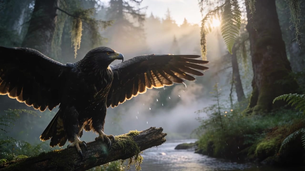 Sunbeams encouraging large raptor spreading wings on mossy fallen log over stream at dawn, dripping