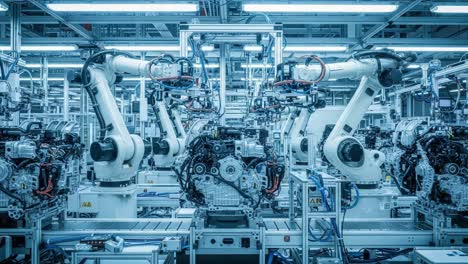 a high-tech manufacturing facility featuring advanced robotic arms assembling engines in a futuristic production environment filled with precision equipment and bright lighting