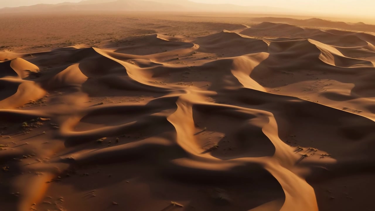 Vista aerea dinamica rivela un vasto campo di dune desertiche sotto una calda luce dorata, con creste sinuose, cime affilate, pendii in ombra, curve morbide, texture di sabbia fine e un'atmosfera arida e remota.