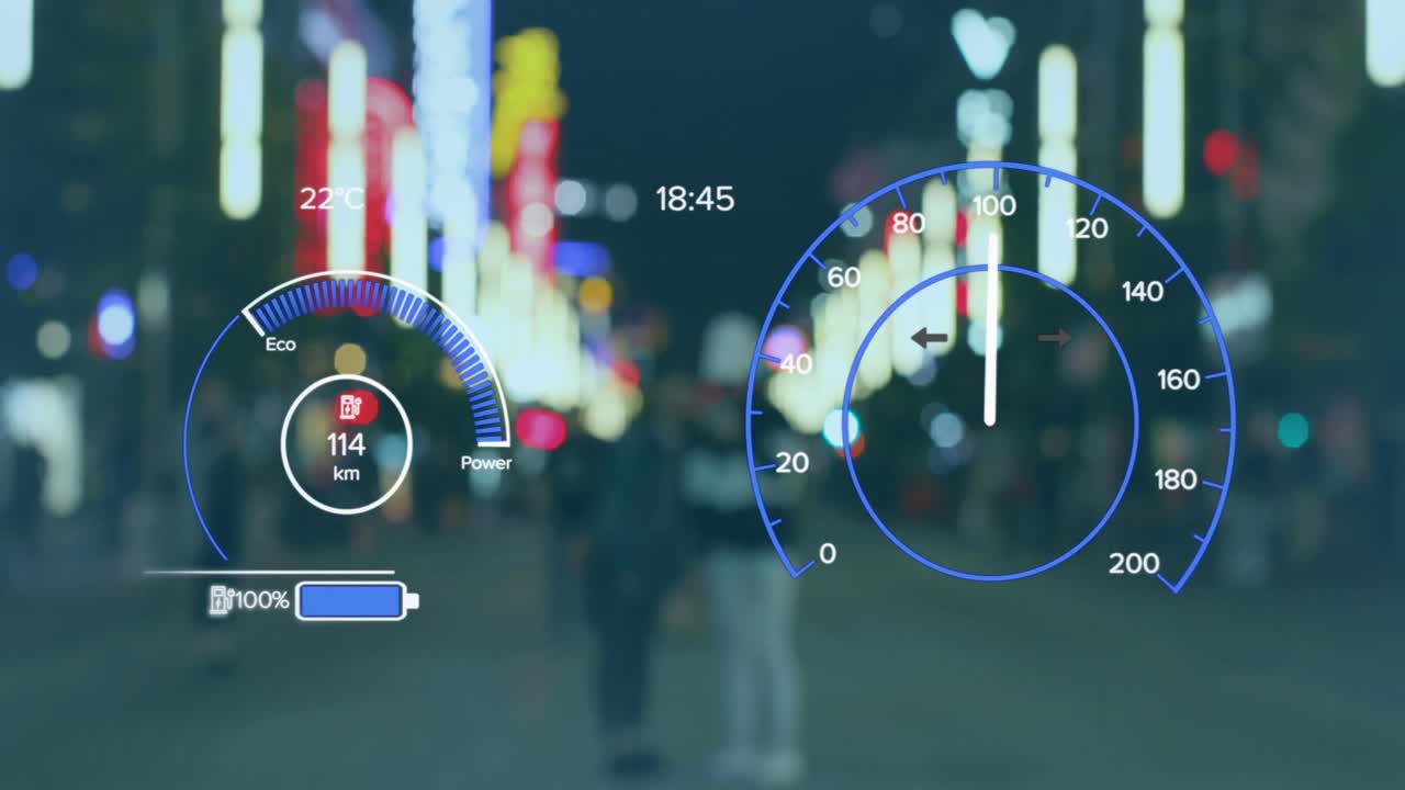 도시의 거리에서  ⁇ 는 흐릿한 사람들 위에 스피도미터의 애니메이션